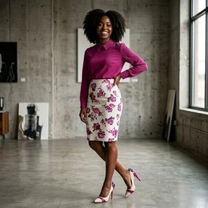 Floral Pencil Skirt in White and Magenta